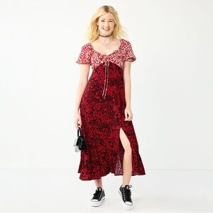 Black and red heart Mixed-Print Puff-Sleeve Midi Dress juniors SO good for life